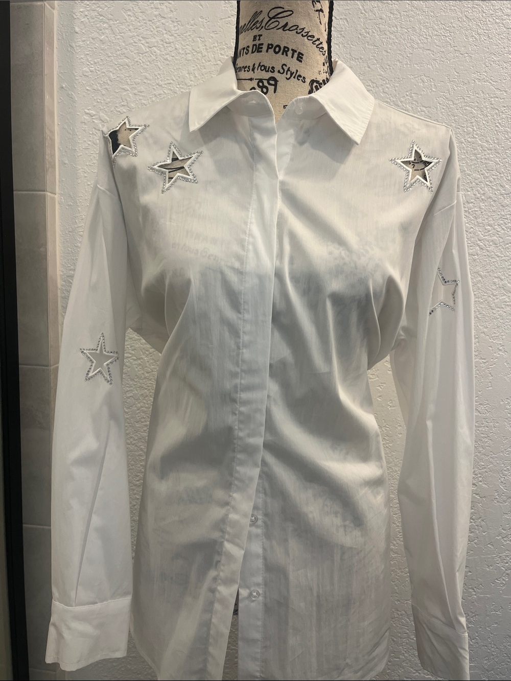 INC International Concepts White Button Up Shirt with Star Cutout Embellishments